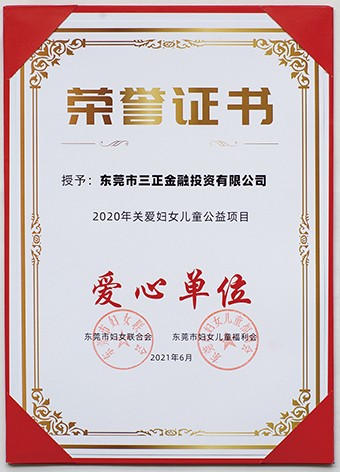 6月3日上午，東莞市婦聯(lián)聯(lián)合市委組織部、市直工委、市婦女兒童福利會共同啟動了2021年東莞市婦女兒童“黨群公益匯”活動。啟動議式上，三正金融投資公司被授予“愛心單位”榮譽(yù)證書。